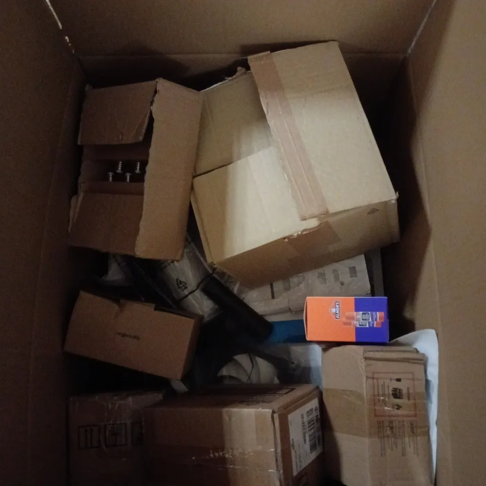 BOX OF APPROXIMATELY 10 ASSORTED ITEMS INCLUDING ELMERS GLUE STICKS, A VTECH MICROPHONE AND A REPLACEMENT LI-ION TOOL BATTERY