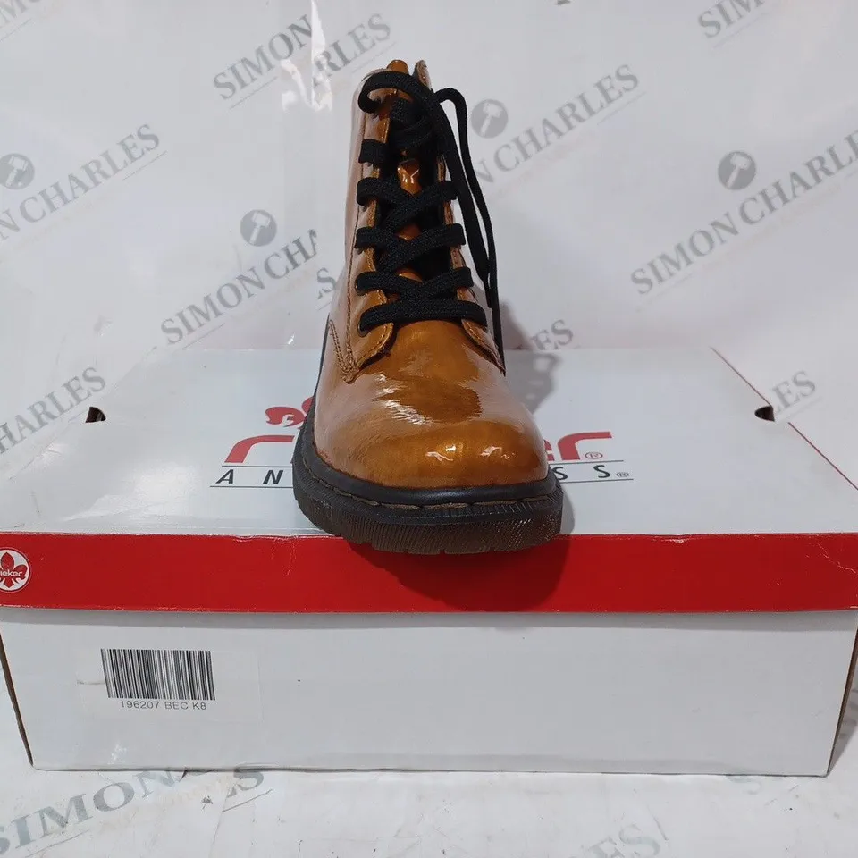 BOXED PAIR OF RIEKER LACE ANKLE BOOTS IN OCHRE SIZE 8
