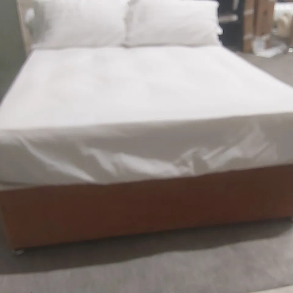 QUALITY EX-SHOWROOM DOUBLE BED SET TO INCLUDE AN APOLLO NIKE MATTRESS, BURNT ORANGE DIVAN BASE, FOUR PILLOWS AND SHEET 