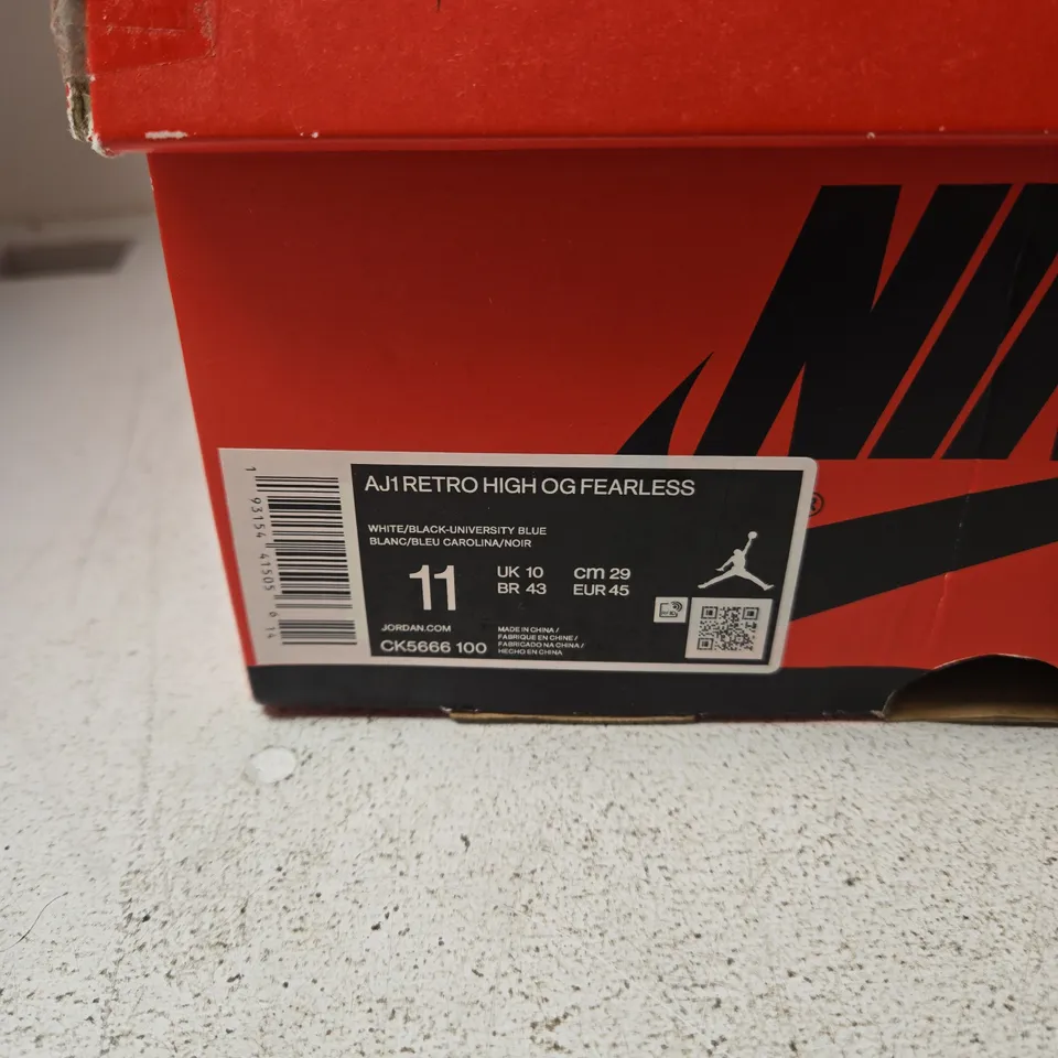 NIKE AIR JORDAN 1 RETRO HIGH OG FEARLESS – WHITE/BLACK UNIVERSITY BLUE, UK 10