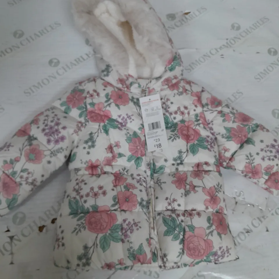 GIRLS FLOAL PATTERN COAT WITH FAUX FUR HOOD SIZE 12-18 MONTHS