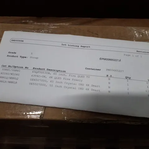 PALLET OF FIVE ASSORTED WAREHOUSE DAMAGED TV'S TO INCLUDE;