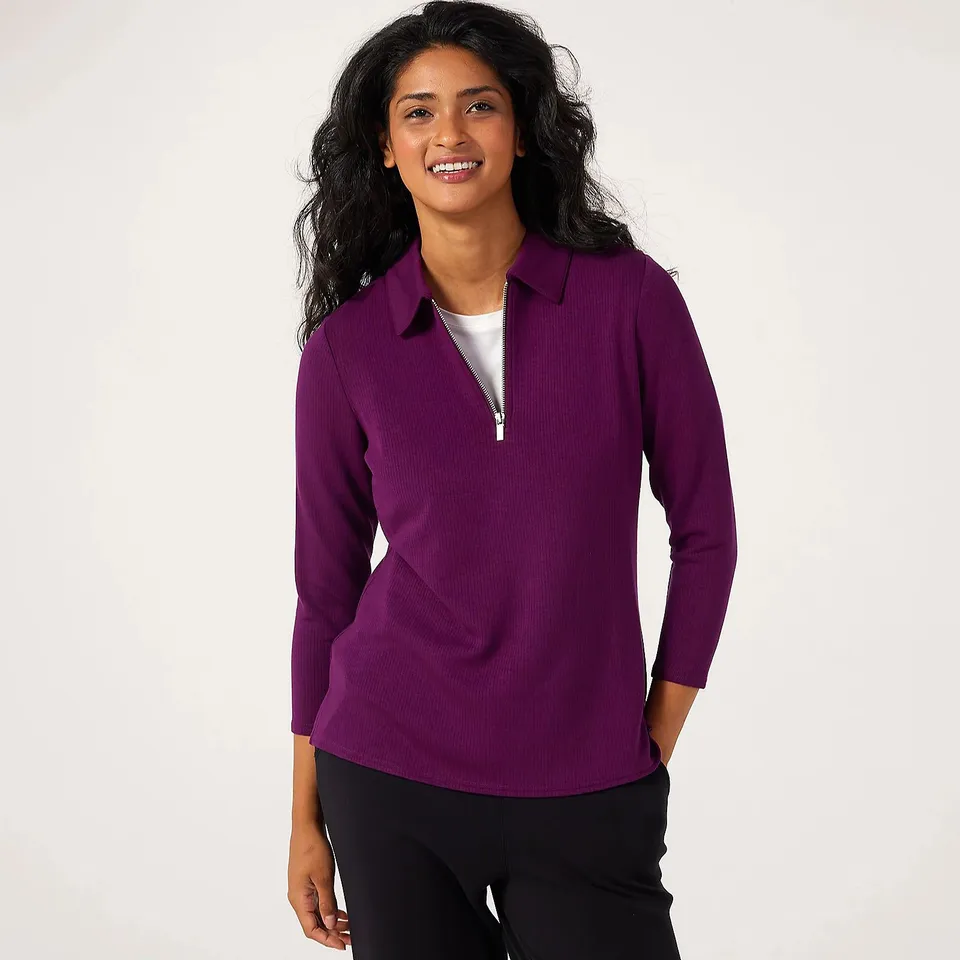 RUTH LANGSFORD LEISUREWEAR HALF ZIP 3/4 SLEEVE TOP PLUM LARGE
