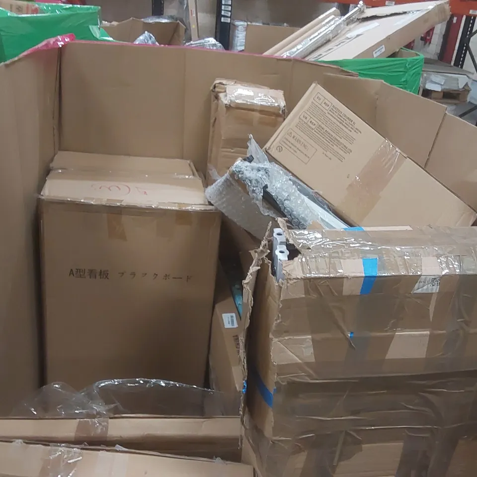PALLET OF ASSORTED CONSUMER PRODUCTS TO INCLUDE: GAMING CHAIR, PAPER SHREDDER, CEILING FAN WITH LIGHT, LED LIGHT, BLANKET ECT