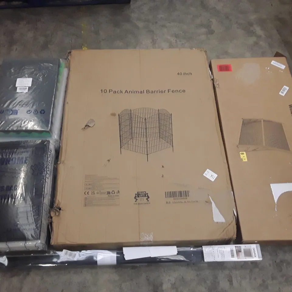 PALLET CONTAINING ASSORTED HOUSEHOLD PRODUCTS INCLUDING WINDOW AWNING DOOR CANOPY, 10 PACK ANIMAL BARRIER FENCE, ROLLER BLIND & ASSORTED FOAM PACKS