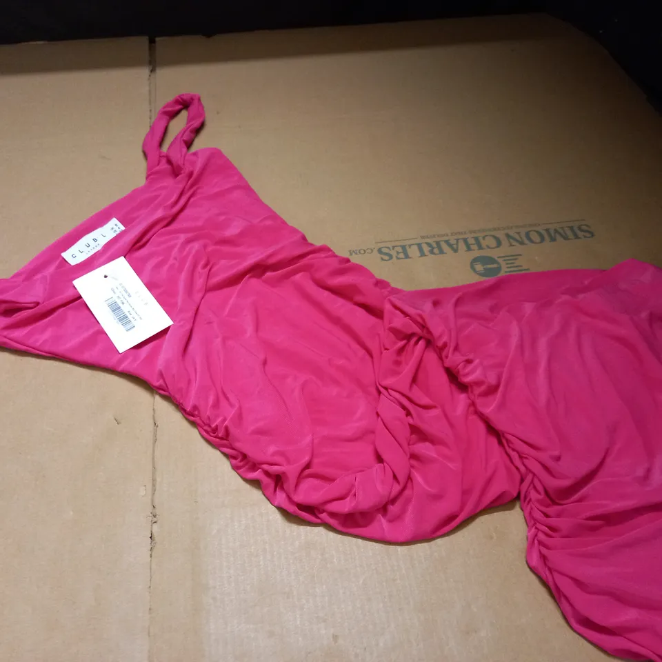 CLUB OF LONDON SQUARE NECK RUCHED MINI DRESS IN HOT PINK - UK 8