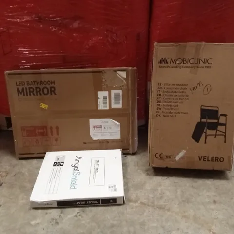PALLET OF ASSORTED HOUSEHOLD GOODS AND PRODUCTS TO INCLUDE; COMMODE TOILET CHAIR, TOILET SEAT, BLINDS, LED BATHROOM MIRRORS ETC