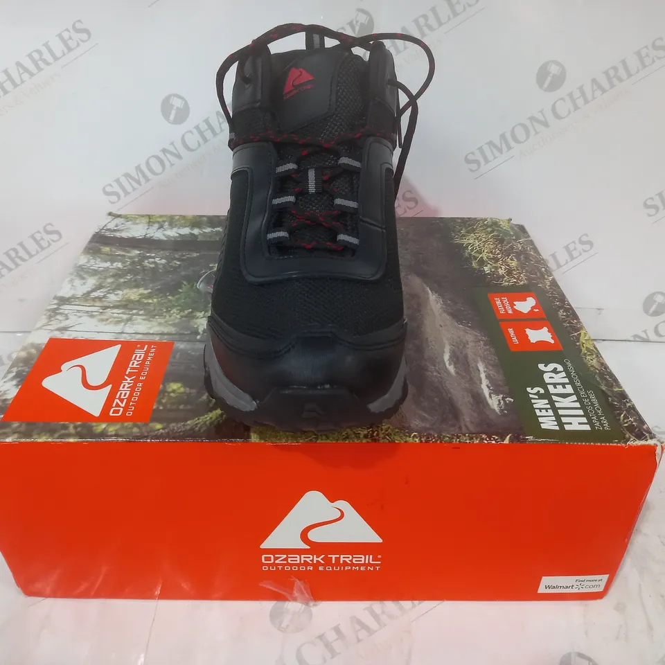 BOXED PAIR OF OZARK TRAIL HIKING BOOTS IN BLACK/RED EU SIZE 45