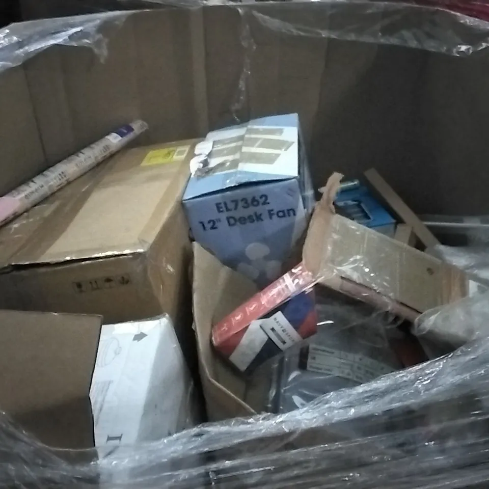 PALLET OF ASSORTED ITEMS INCLUDING SULMANS STAND FAN, QOMOLO POP UP TENT, BIGHOUSE SMART LED CEILING LIGHT, LIQUI MOLY INVISIBLE GLOVE, DOMINICA COLLECTION BY BEAUTY4BRITIAN, DID DESK FAN, DODGE  