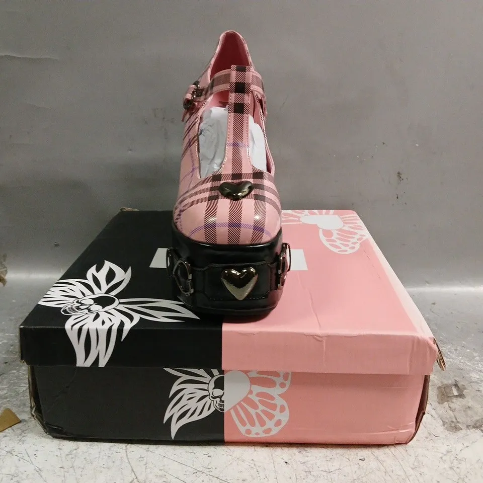 BOXED PAIR OF KOI SWEET APATHY PLAID WEDGE MARY JANES IN PINK SIZE UK 8