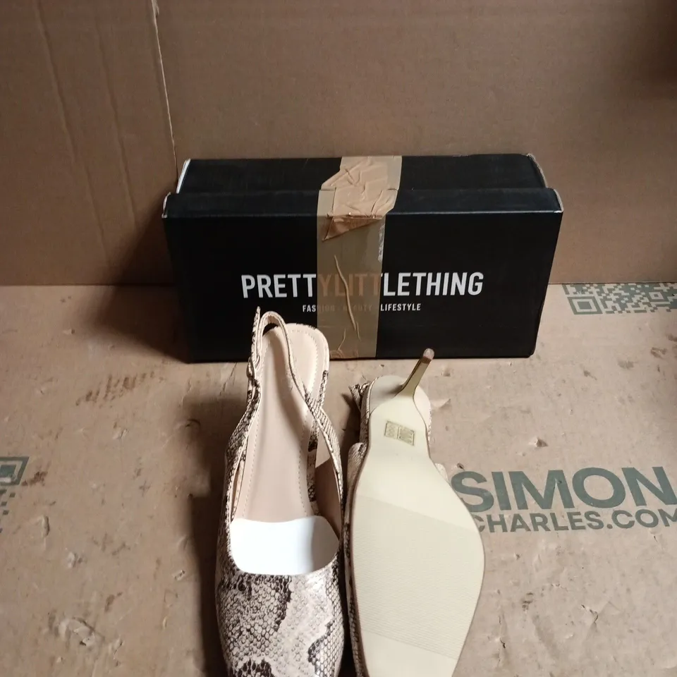 PRETTYLITTLETHING SNAKE PRINT HIGH HEEL SHOES – WOMEN'S - SIZE UK 4