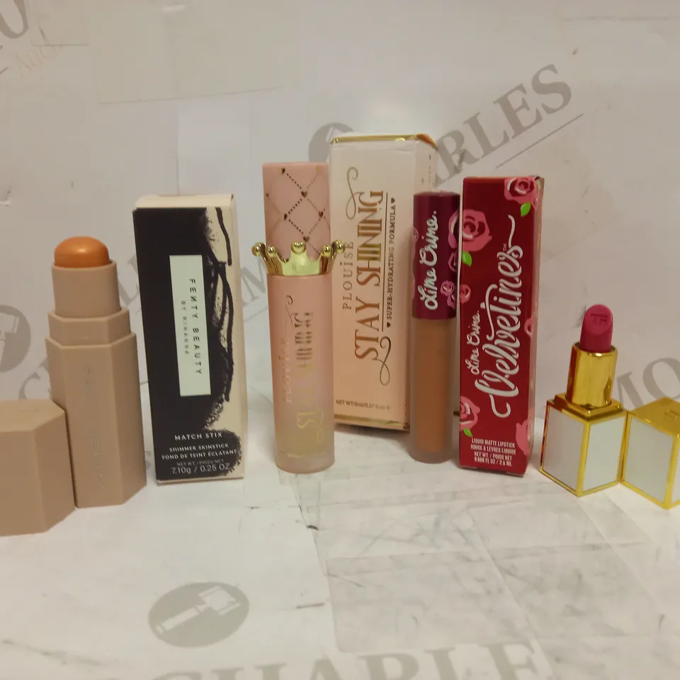 LOT OF 4 DESIGNER COSMETIC ITEMS, TO INCLUDE FENTY SHIMMER STICK, P.LOUISE HYDRATING FORMULA, LIME CRIME LIPSTICK & TOM FORD MINI LIPSTICK