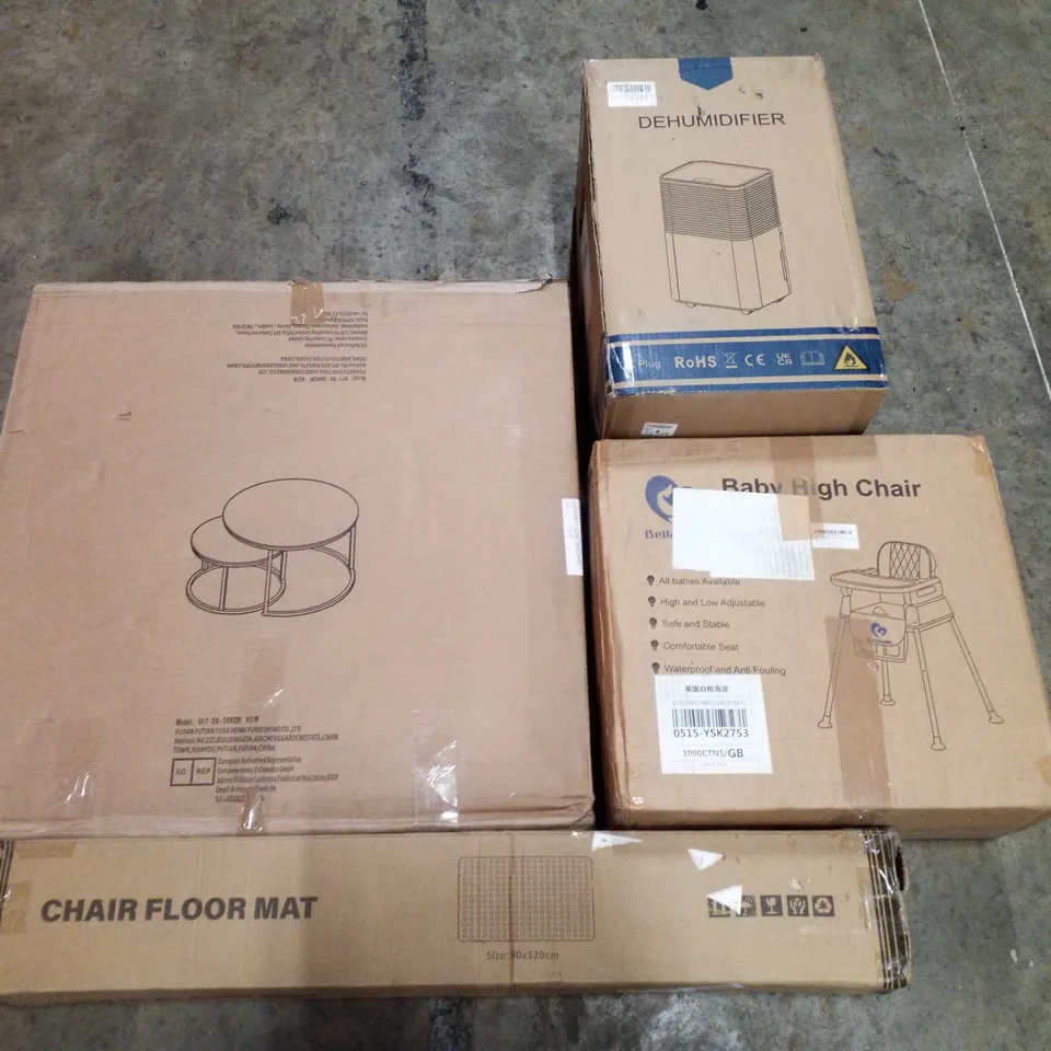 PALLET CONTAINING ASSORTED PRODUCTS INCLUDING DEHUMIDIFIER, BABY HIGH CHAIR, CHAIR FLOOR MAT, NESTING COFFEE TABLE