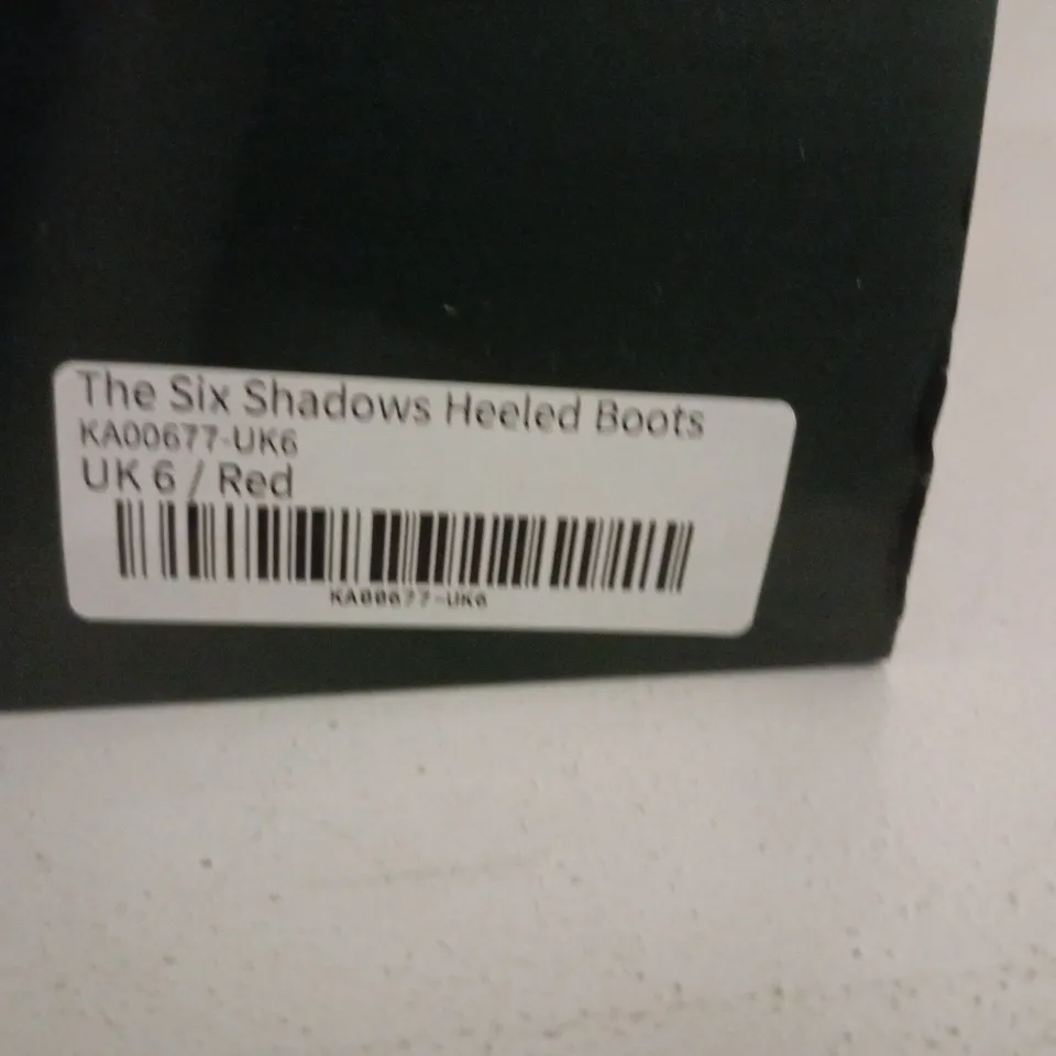 BOXED PAIR OF THE SIX SHADOWS HEELED BOOTS – RED VELVET, UK 6