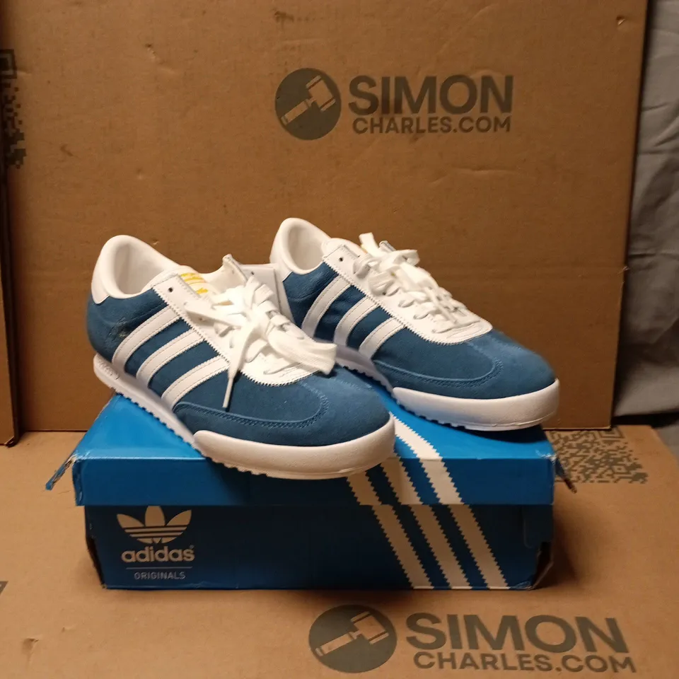ADIDAS ORIGINALS BECKENBAUER TRAINERS – BLUE SUEDE, WHITE STRIPES, UK 10 (US 10½)
