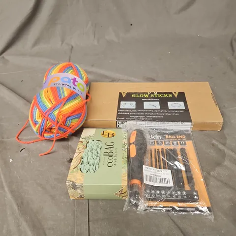 APPROXIMATELY 15 ASSORTED ITEM TO YARN, ECO BAG STRETCHY TOTE, ALLEN KEY SET, GLOW STICKS ETC