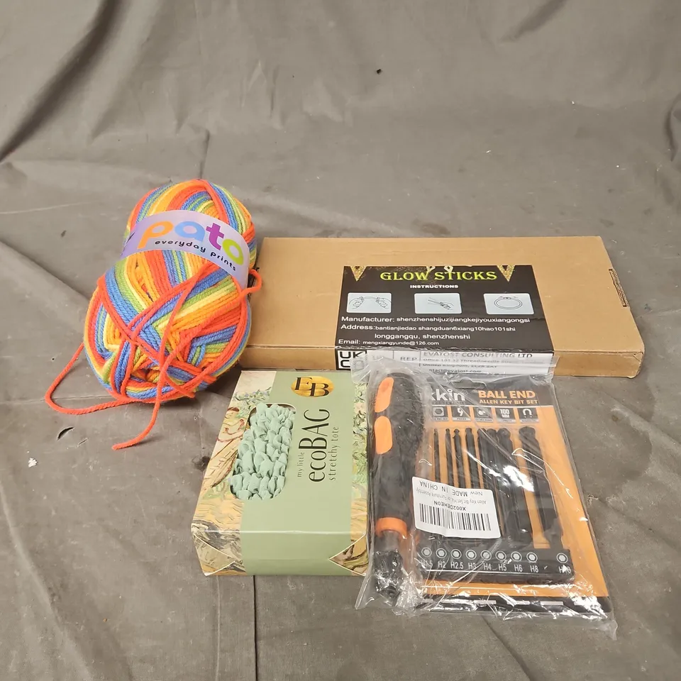 APPROXIMATELY 15 ASSORTED ITEM TO YARN, ECO BAG STRETCHY TOTE, ALLEN KEY SET, GLOW STICKS ETC