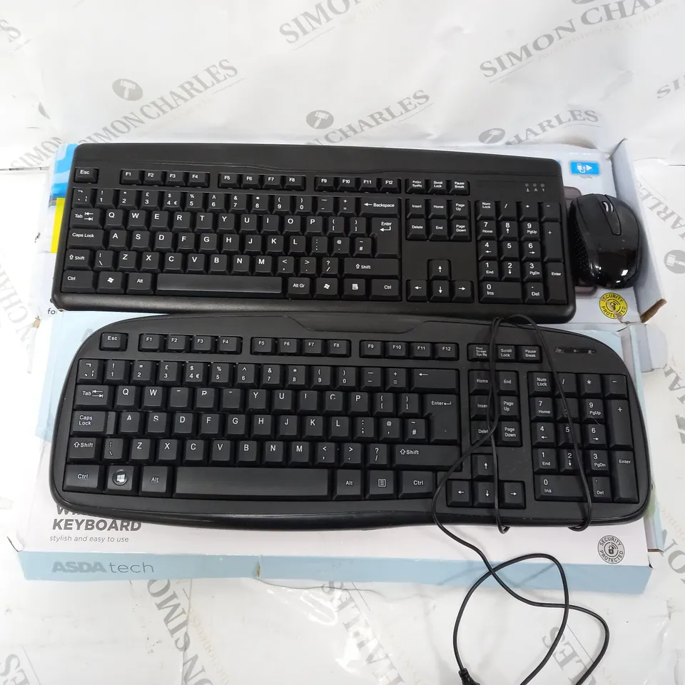 2 X BOXED COMPUTER KEYBOARDS TO INCLUDE ONN WIRELESS KEYBOARD AND MOUSE COMBO AND ASDA TECH WIRED KEYBOARD 