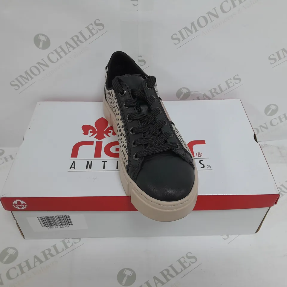 BOXED PAIR OF RIEKER PLATFORM TRAINERS IN BLACK SIZE 4