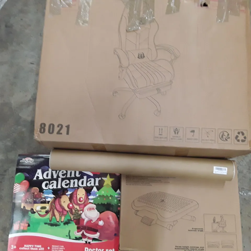 PALLET TO CONTAIN AN ASSORTMENT OF HOUSEHOLD ITEMS TO INCLUDE OFFICE CHAIR, ADVENT CALENDERS, FOOT REST AND POSTERS ECT