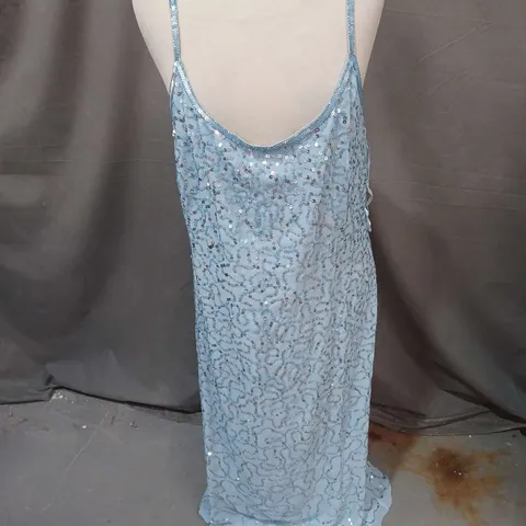 OASIS EMBELLISHED NECKLINE SEQUIN MAXI DRESS IN LIGHT BLUE SIZE 14