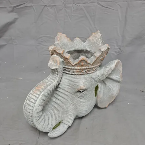 STONE ELEPHANT HEAD GARDEN ORNAMENT WITH CROWN