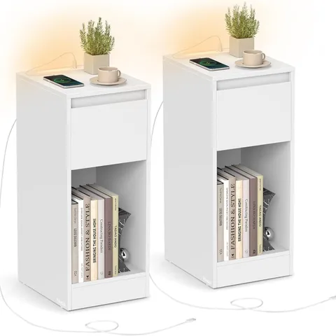 BOXED VASAGLE SLIM BEDSIDE TABLES WITH CHARGING STATION AND LED LIGHT, SET OF 2 - CLOUD WHITE 