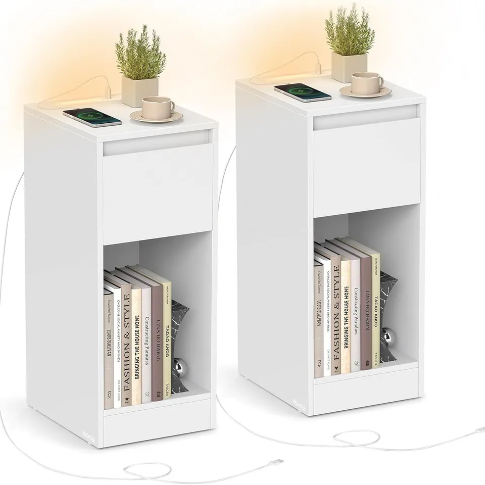 BOXED VASAGLE SLIM BEDSIDE TABLES WITH CHARGING STATION AND LED LIGHT, SET OF 2 - CLOUD WHITE 