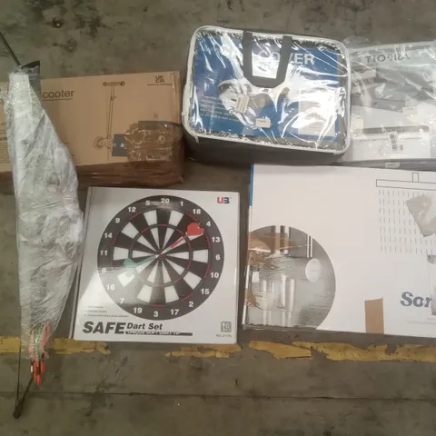 PALLET OF ASSORTED ITEMS INCLUDING KIDS SCOOTER, SAFE DART BOARD, CAR COVER, BOW AND ARROW SET, TIOBRA UNDERBED ORGANISER, SONTIY RAIN SHOWER SYSTEM