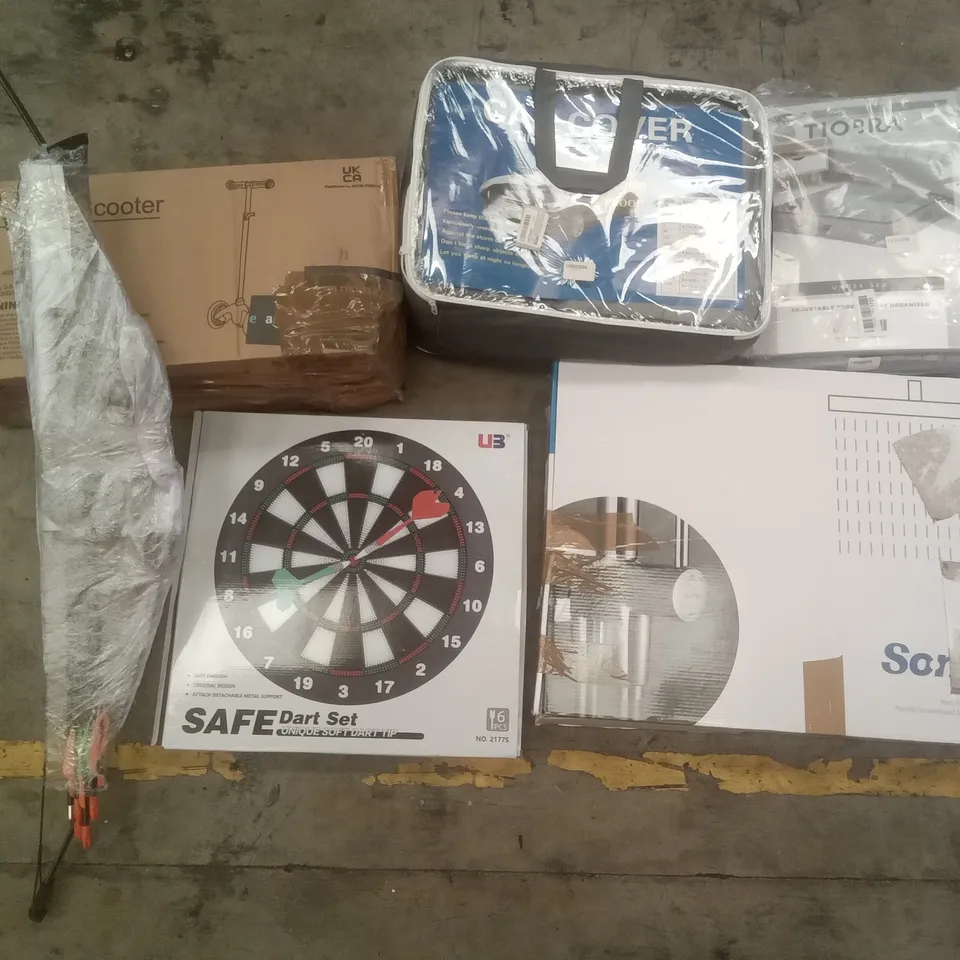 PALLET OF ASSORTED ITEMS INCLUDING KIDS SCOOTER, SAFE DART BOARD, CAR COVER, BOW AND ARROW SET, TIOBRA UNDERBED ORGANISER, SONTIY RAIN SHOWER SYSTEM 