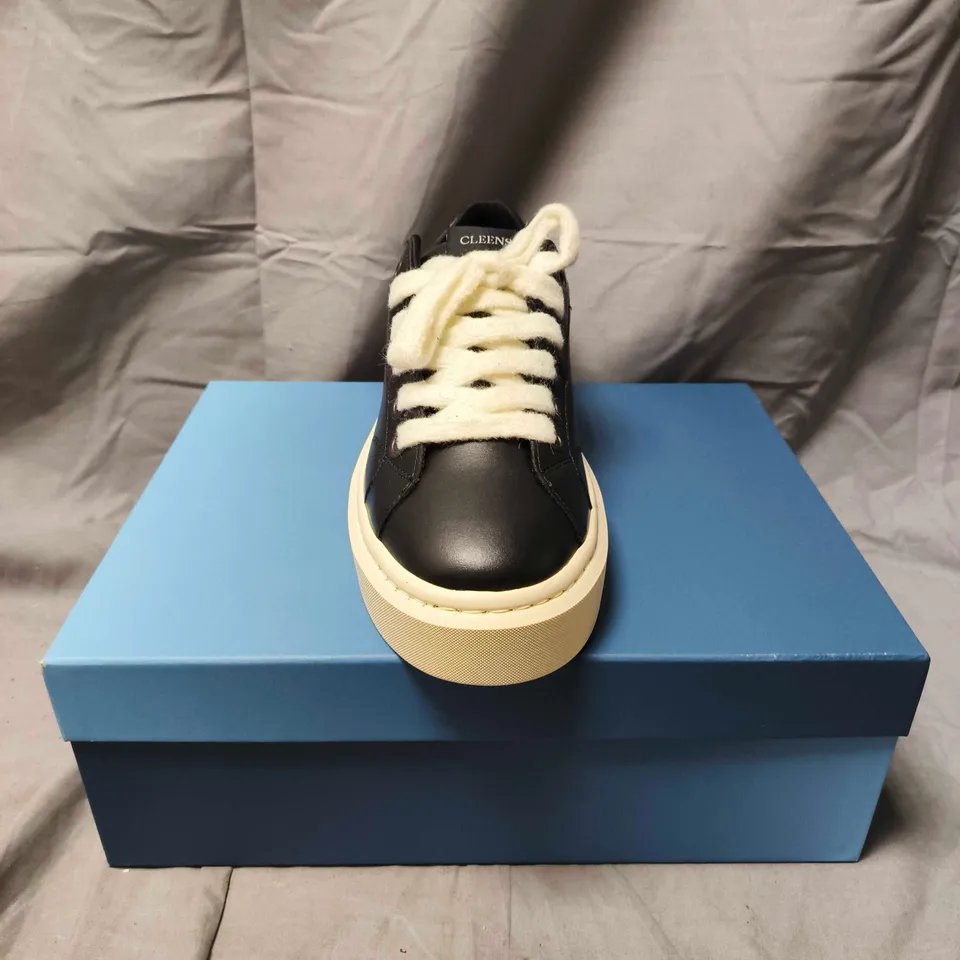 BOXED PAIR OF CLEENS BLACK LEATHER LOW-TOP SNEAKER - SIZE 10.5