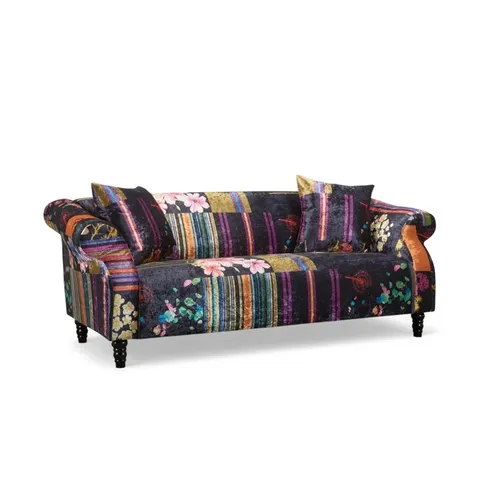 BOXED FORSYTH 3 SEATER CRUSHED VELVET PATCHWORK SOFA - BLACK