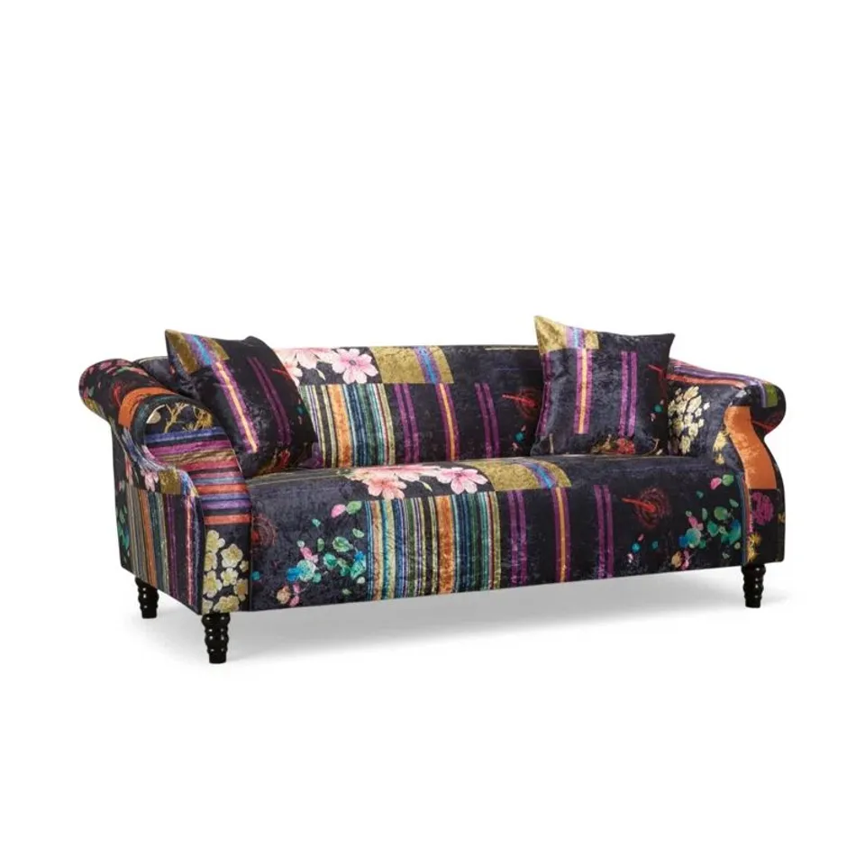 BOXED FORSYTH 3 SEATER CRUSHED VELVET PATCHWORK SOFA - BLACK