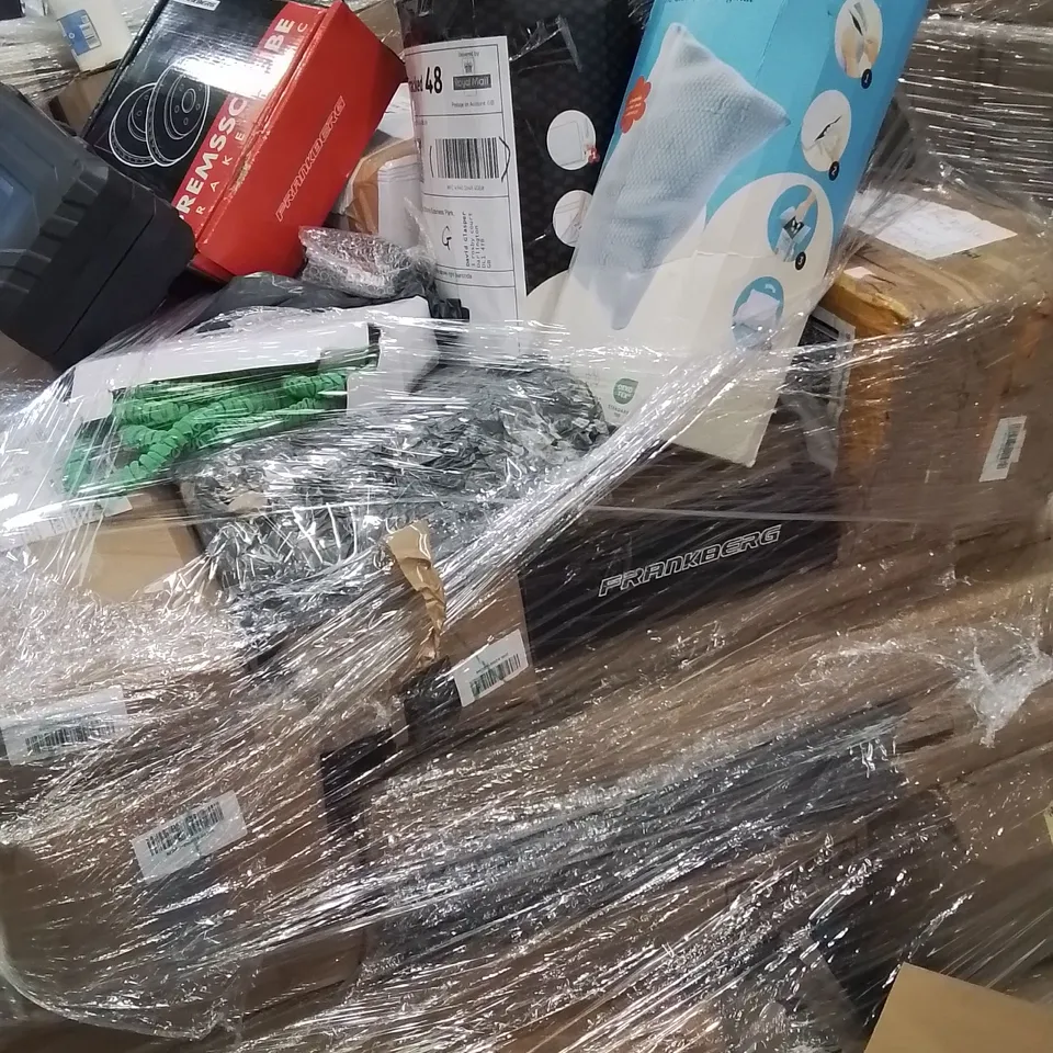 PALLET CONTAINING VARIOUS ASSORTED BOXED ITEMS TO INCLUDE: CAR PARTS, CORDLESS CHAIN SAW, EXPANDABLE HOSES, CLOUD PILLOS, STAINLESS STEEL LADDER AND LOTS MORE UNMARKED BOXED ITEMS 