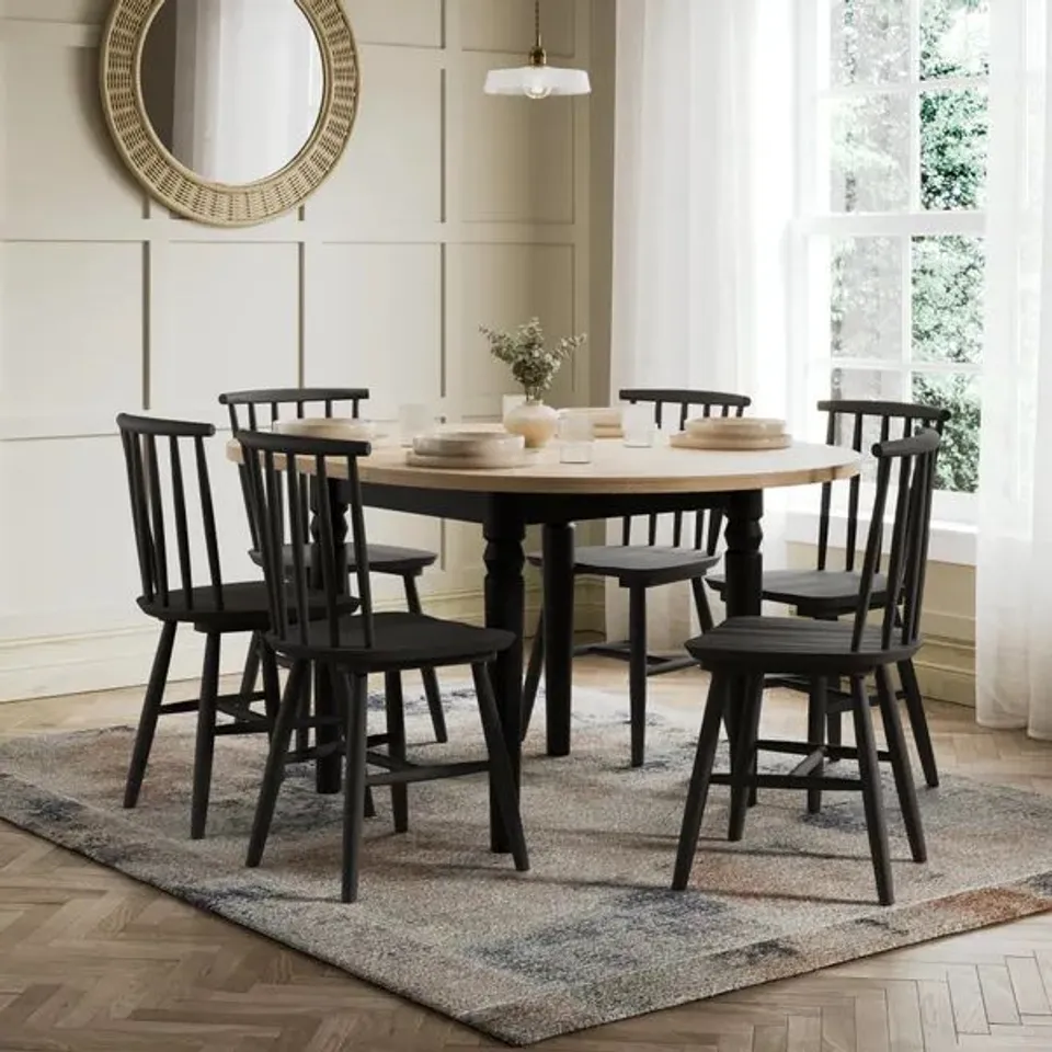 BOXED PIP 4-6 SEATER ROUND TO OVAL EXTENDABLE DINING TABLE, WHITE WASH OAK & BLACK (1 BOX)