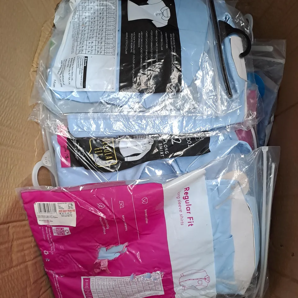BOX OF APPROXIMATELY 50 ASSORTED SCHOOL SHIRTS IN BLUE ASSORTED SIZES - COLLECTION ONLY