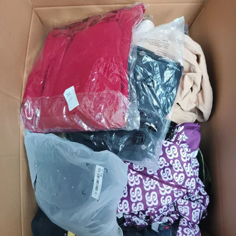 LARGE BOX OF APPROXIMATELY 25 ASSORTED CLOTHING ITEMS IN VARIOUS COLOURS, STYLES AND SIZES - COLLECTION ONLY