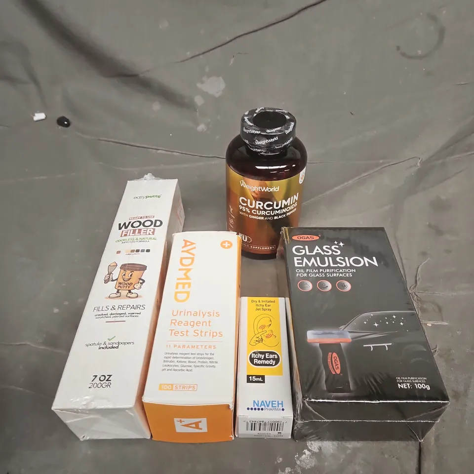 APPROXIMATELY 10 ASSORTED ITEMS TO INCLUDE CURCUMIN SUPPLEMENT, URINALYSIS TEST STRIPS, WOOD FILLER AND GLASS CLEANING EMULSION 