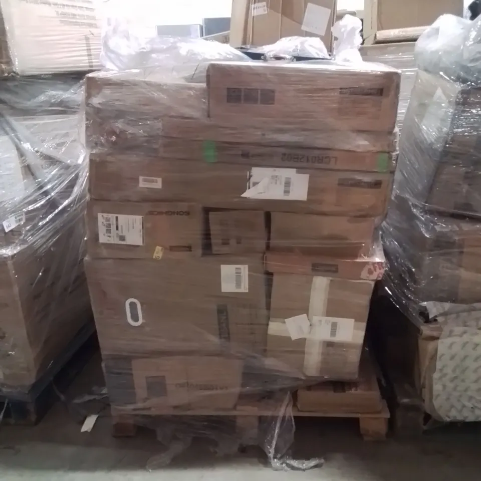 PALLET OF ASSORTED HOUSEHOLD GOODS AND PRODUCTS TO INCLUDE;PLASTIC CABINET,STORAGE SHELF,TRASH CAN