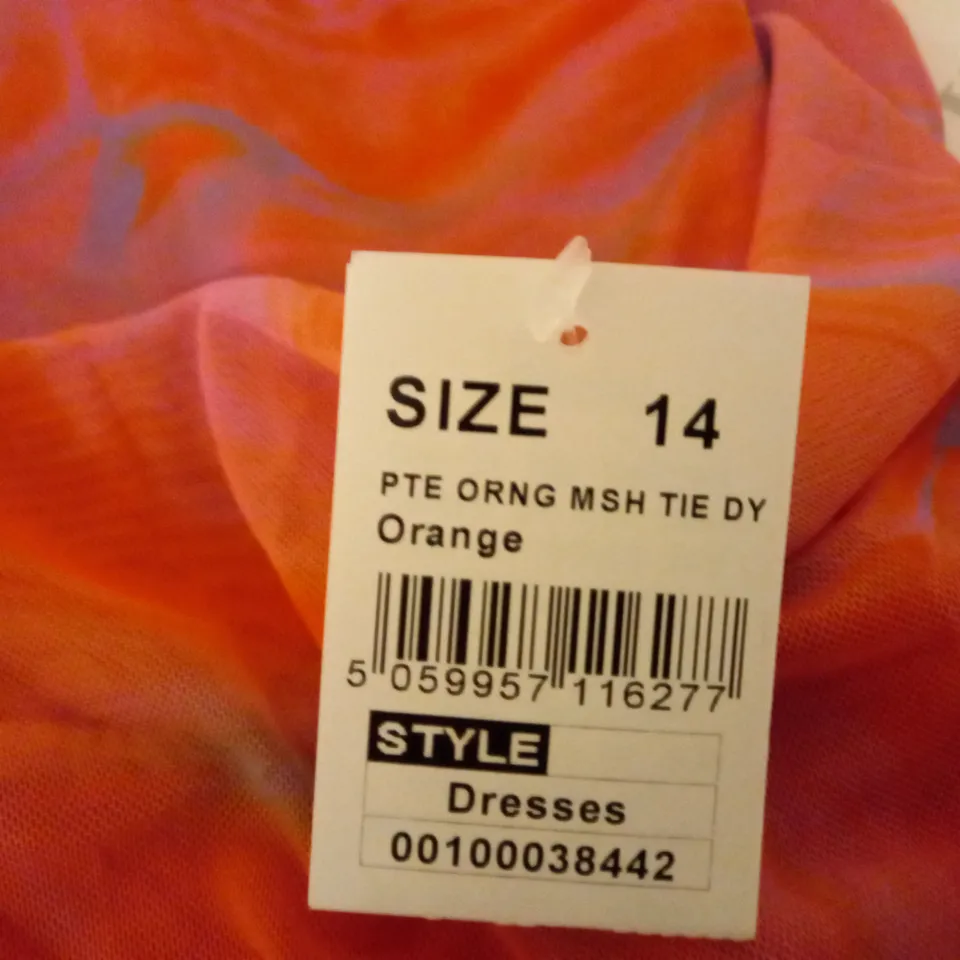 QUIZ ORANGE MESH TIE DYE DRESS - SIZE 14