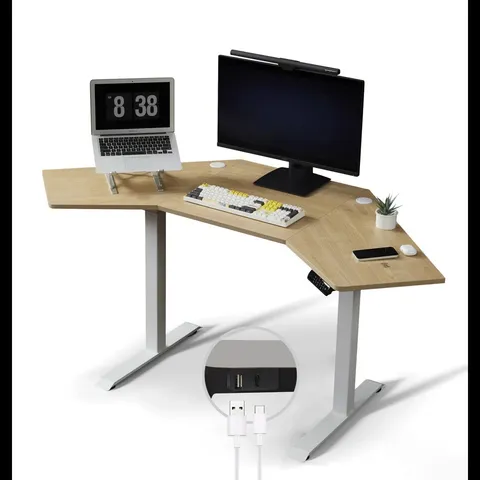 BOXED BALWAN 171cm W HEIGHT ADJUSTABLE CORNER STANDING DESK WITH WIRELESS & USB CHARGERS (1 BOX)