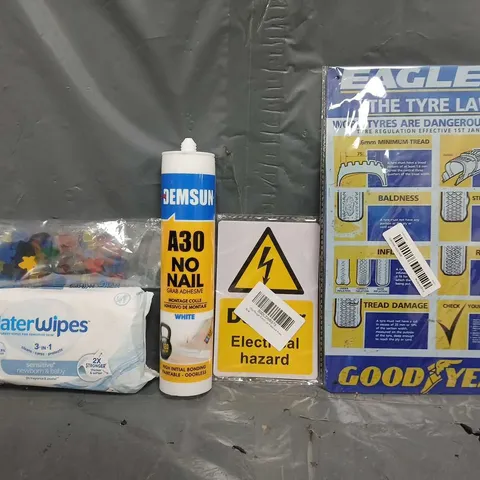 APPROXIMATELY 20 ASSORTED HOUSEHOLD ITEMS TO INCLUDE WATER WIPES, A30 NO NAIL, ELECTRICAL AREA HAZARD SIGNS, ETC