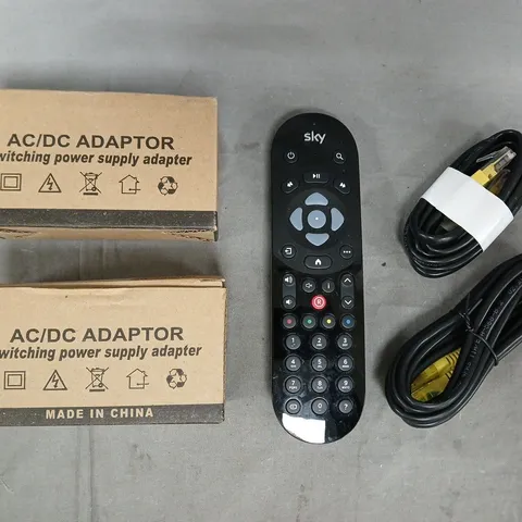 APPROXIMATELY 10 ASSORTED HOUSEHOLD ELECTRICAL ITEMS TO INCLUDE SKY REMOTE, POWER ADAPTER, ETC