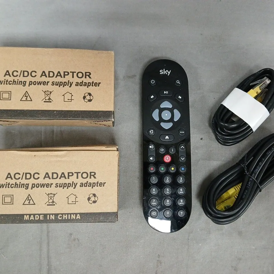 APPROXIMATELY 10 ASSORTED HOUSEHOLD ELECTRICAL ITEMS TO INCLUDE SKY REMOTE, POWER ADAPTER, ETC