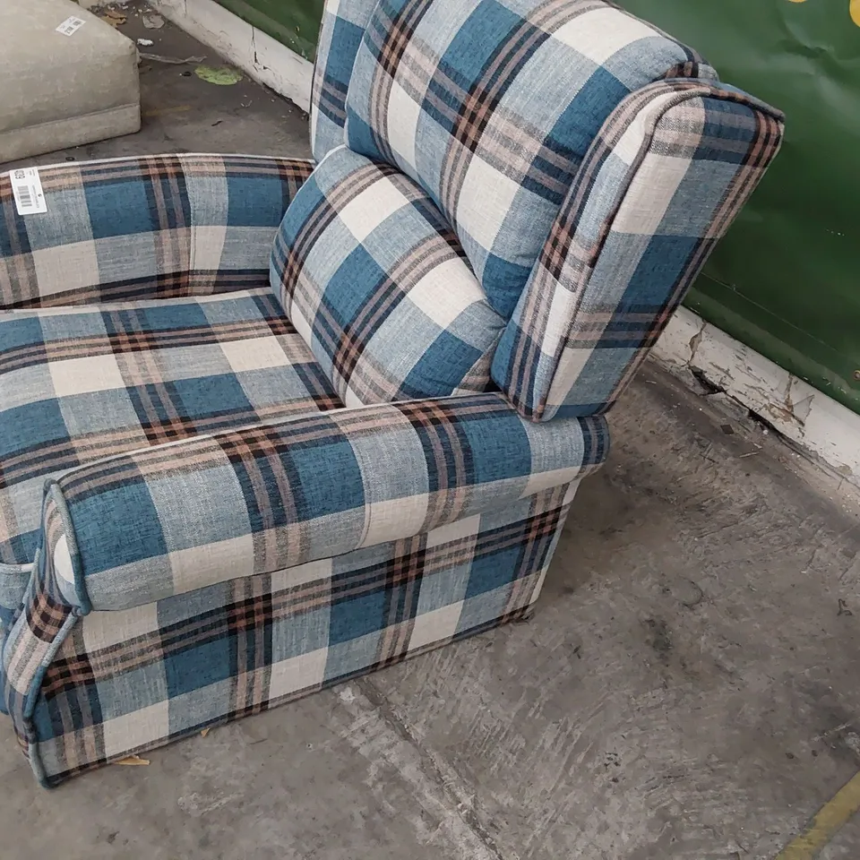 DESIGNER PUSH BACK RECLINING WINGBACK EASY CHSIR BLUE CHECK FABRIC 