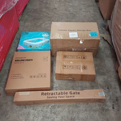 PALLET OF ASSORTED ITEMS INCLUDING: INFLATABLE SWIMMING POOL, ROLLING CRATE, FOLDABLE PLASTIC STORAGE BOX, UPGRADED TROLLEY, RETRACTABLE GATE ECT