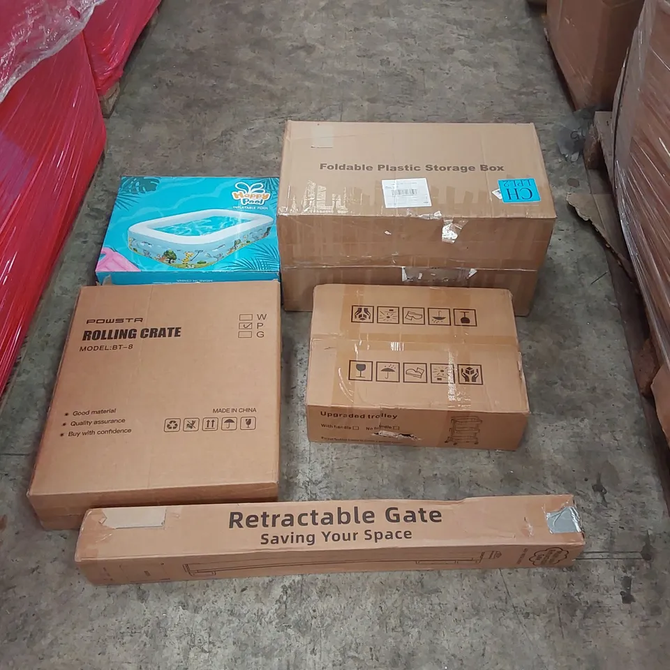 PALLET OF ASSORTED ITEMS INCLUDING: INFLATABLE SWIMMING POOL, ROLLING CRATE, FOLDABLE PLASTIC STORAGE BOX, UPGRADED TROLLEY, RETRACTABLE GATE ECT