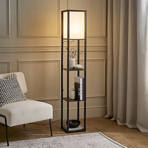 BOXED VALUELIGHTS STRUTTURA BLACK SHELVING UNIT FLOOR LAMP WITH FABRIC SHADE