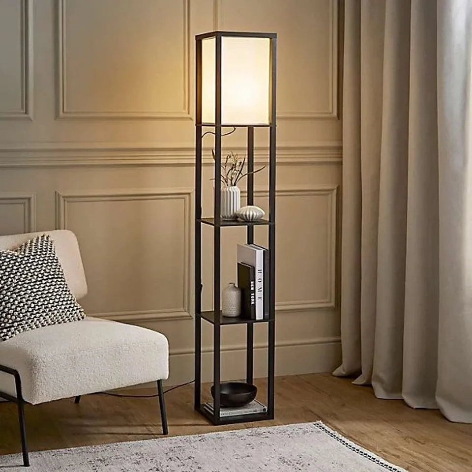 BOXED VALUELIGHTS STRUTTURA BLACK SHELVING UNIT FLOOR LAMP WITH FABRIC SHADE