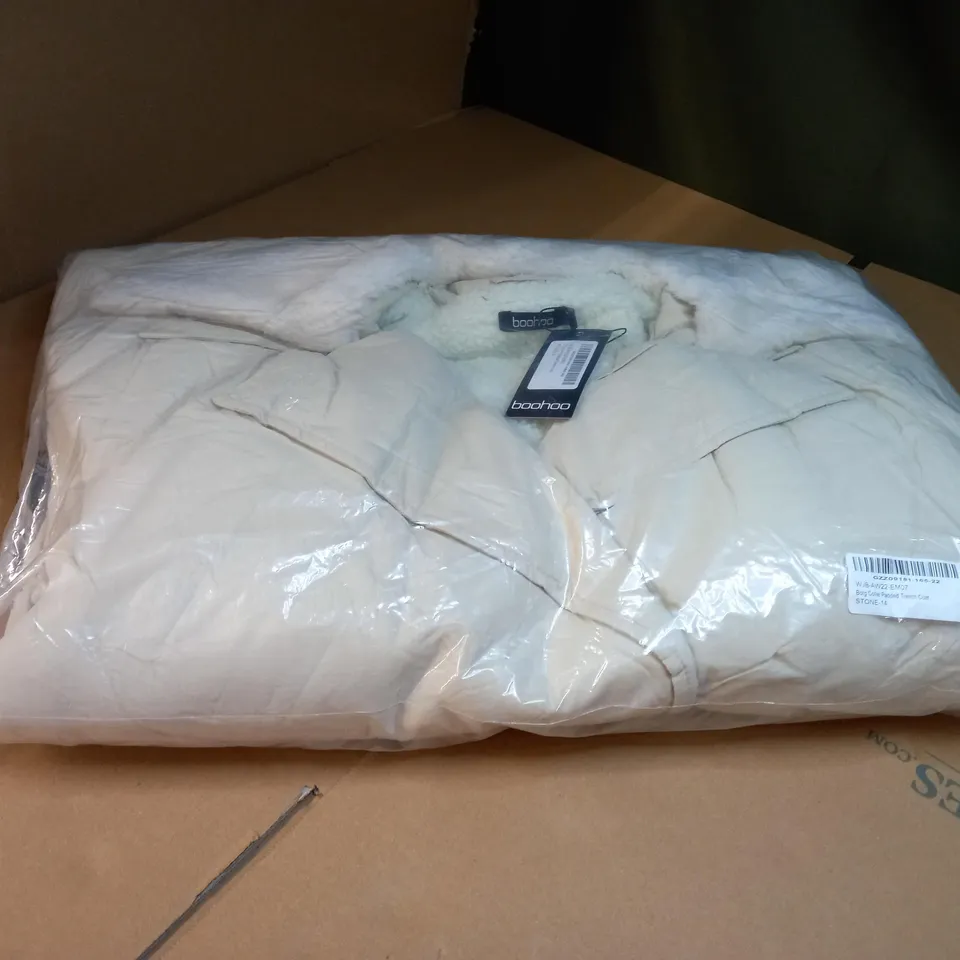 PACKAGED BOOHOO STONE BOG COLLAR PADDED TRENCH COAT - SIZE 14